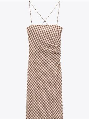 Zara Brown and White Gingham Midi Dress with thin straps